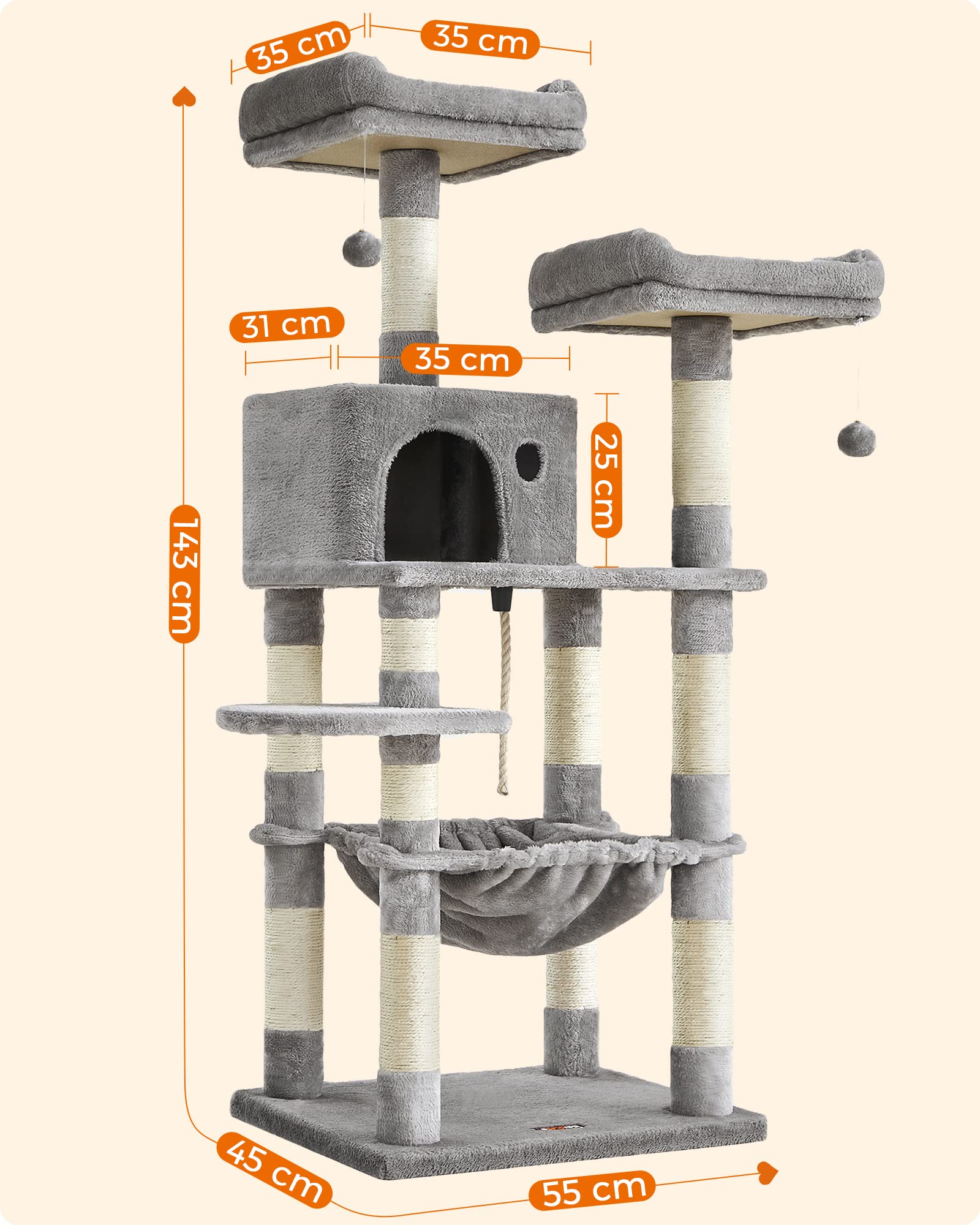 FEANDREA キャットタワー 大型猫用 猫タワー 多頭飼い 人気 ハンモック耐荷重20kg 爪とぎ 登りやすい ボンボン 天然麻紐 据え置き 運動不足解消 安定性 高さ143CM PCT15WV1