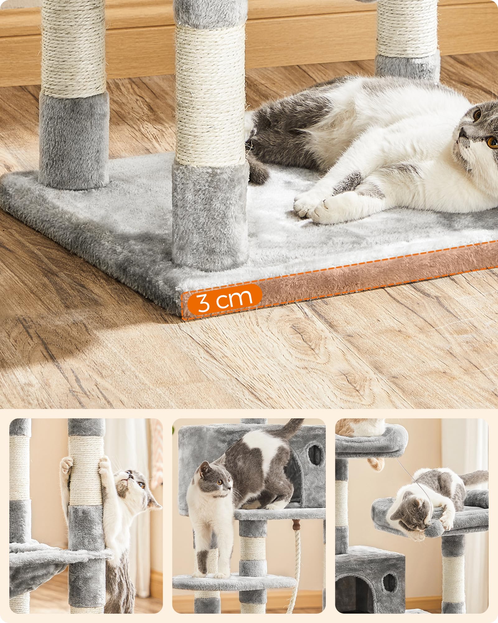 FEANDREA キャットタワー 大型猫用 猫タワー 多頭飼い 人気 ハンモック耐荷重20kg 爪とぎ 登りやすい ボンボン 天然麻紐 据え置き 運動不足解消 安定性 高さ143CM PCT15WV1