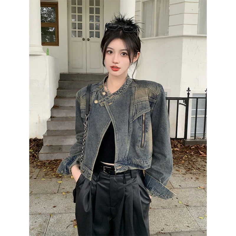 レトロ デニムジャケット 立ち襟 上着 着痩せ ショット丈 ファッション 着痩せ