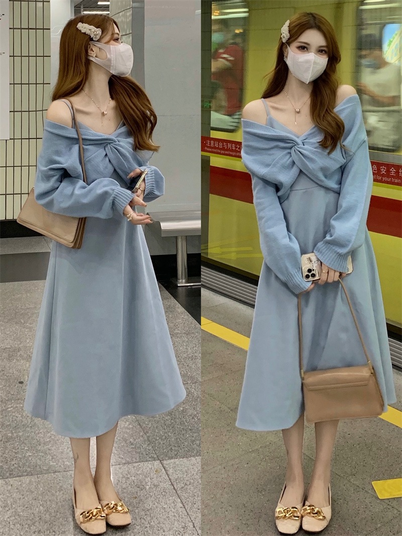 【着用レビュー】トップス ワンピース レディース 韓国 ニット セーター キャミソールワンピース キャミワンピ ロング丈 長袖 Vネック Aライン 切り替え 裾フレア ゆったり かわいい 大人可愛い