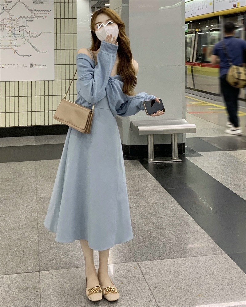 【着用レビュー】トップス ワンピース レディース 韓国 ニット セーター キャミソールワンピース キャミワンピ ロング丈 長袖 Vネック Aライン 切り替え 裾フレア ゆったり かわいい 大人可愛い