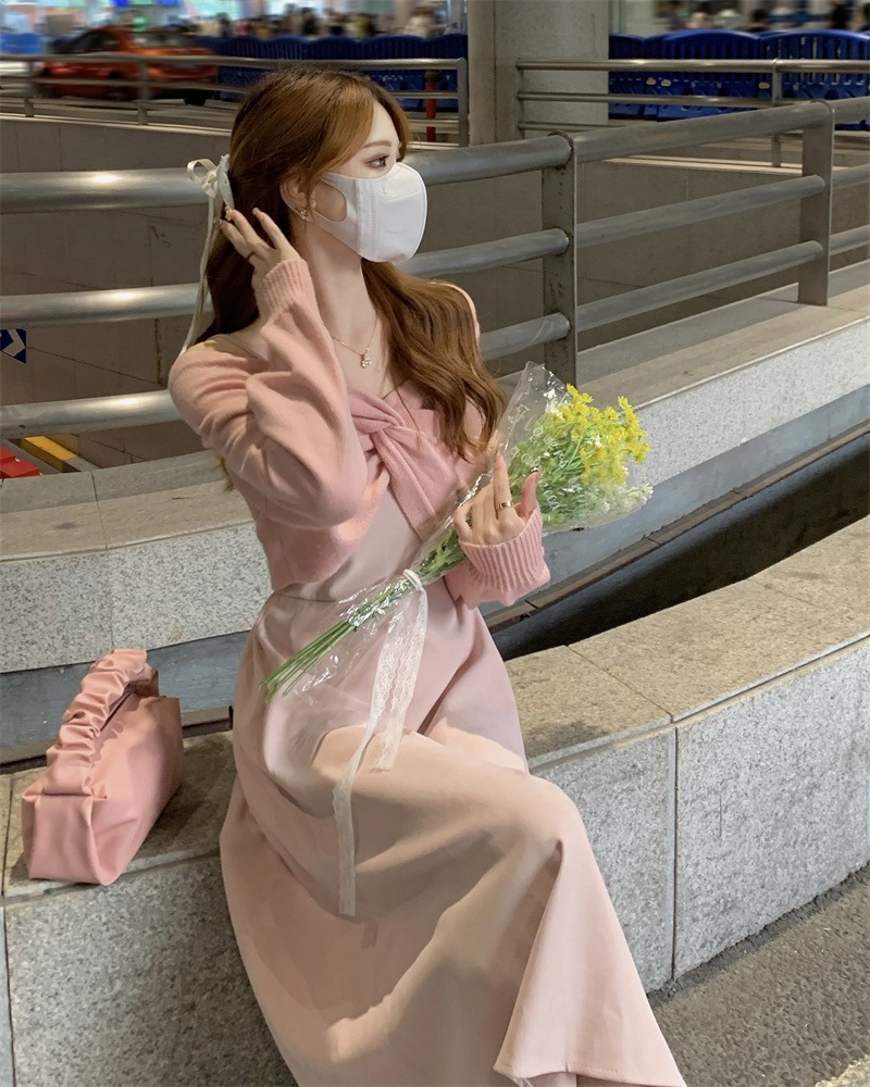 【着用レビュー】トップス ワンピース レディース 韓国 ニット セーター キャミソールワンピース キャミワンピ ロング丈 長袖 Vネック Aライン 切り替え 裾フレア ゆったり かわいい 大人可愛い