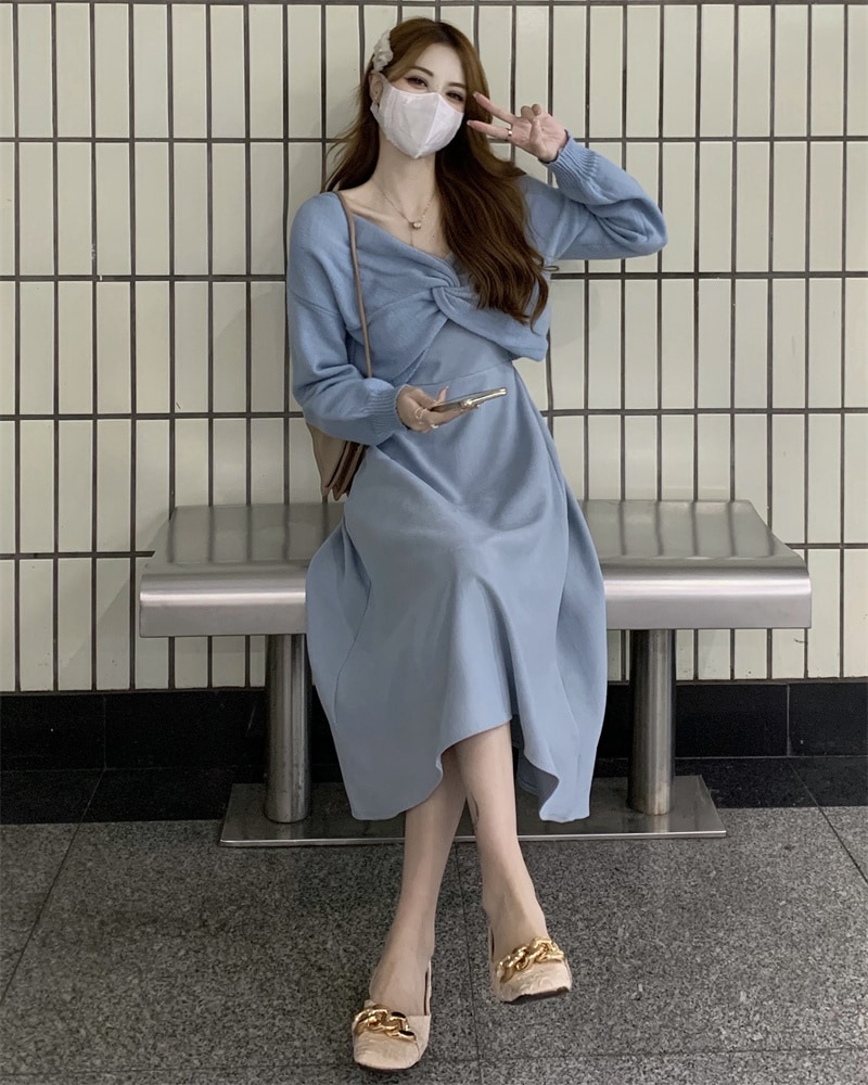 【着用レビュー】トップス ワンピース レディース 韓国 ニット セーター キャミソールワンピース キャミワンピ ロング丈 長袖 Vネック Aライン 切り替え 裾フレア ゆったり かわいい 大人可愛い