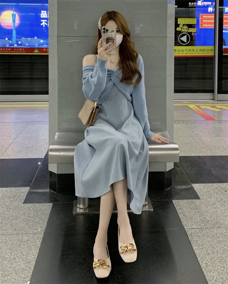 【着用レビュー】トップス ワンピース レディース 韓国 ニット セーター キャミソールワンピース キャミワンピ ロング丈 長袖 Vネック Aライン 切り替え 裾フレア ゆったり かわいい 大人可愛い