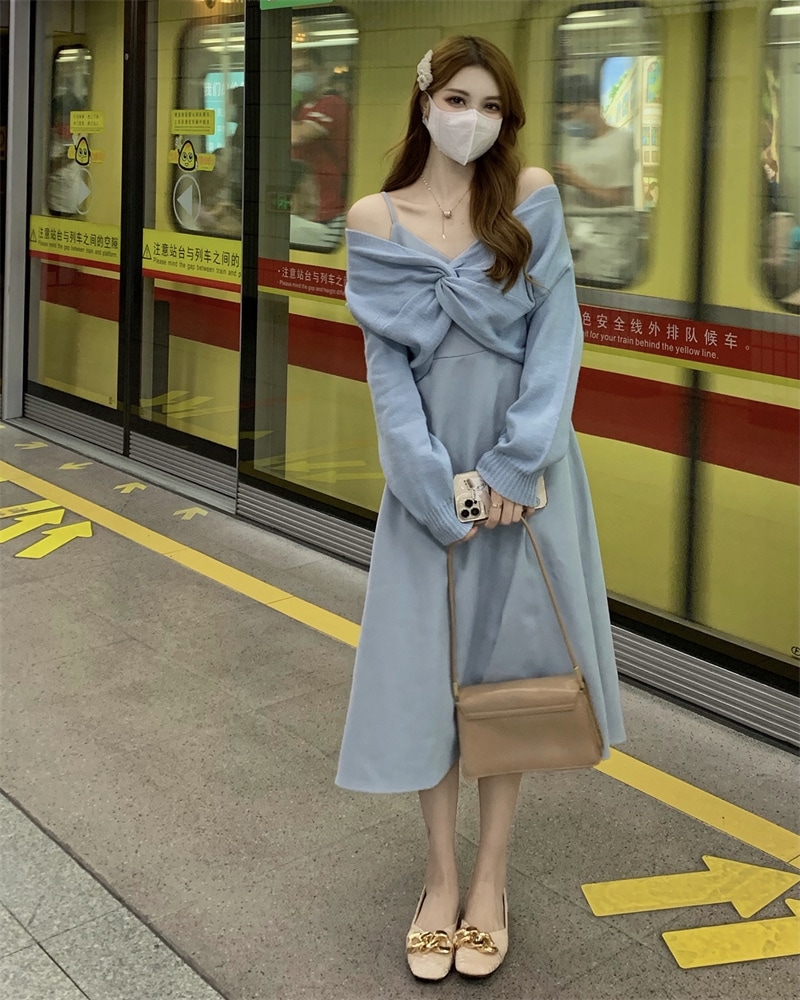 【着用レビュー】トップス ワンピース レディース 韓国 ニット セーター キャミソールワンピース キャミワンピ ロング丈 長袖 Vネック Aライン 切り替え 裾フレア ゆったり かわいい 大人可愛い