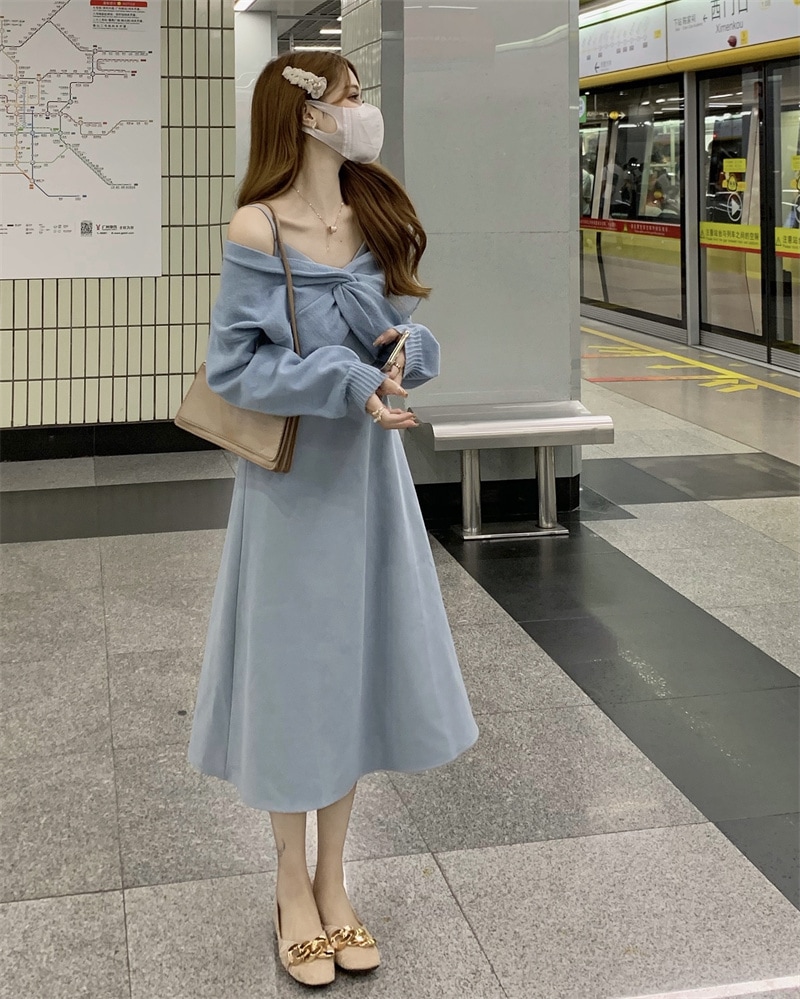 【着用レビュー】トップス ワンピース レディース 韓国 ニット セーター キャミソールワンピース キャミワンピ ロング丈 長袖 Vネック Aライン 切り替え 裾フレア ゆったり かわいい 大人可愛い