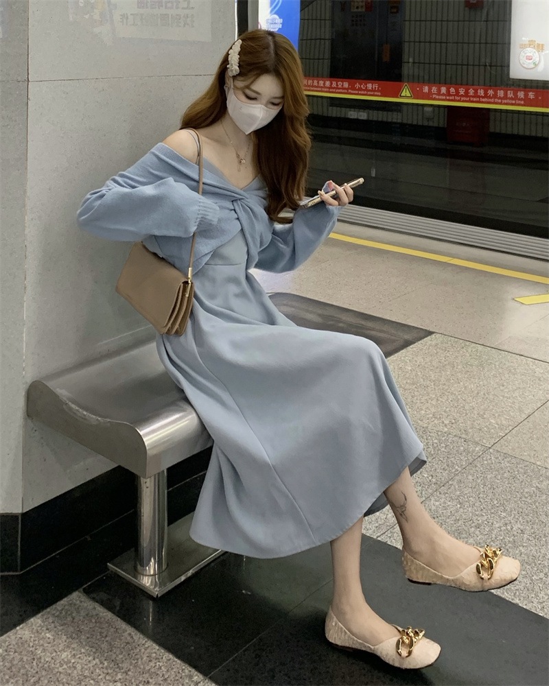 【着用レビュー】トップス ワンピース レディース 韓国 ニット セーター キャミソールワンピース キャミワンピ ロング丈 長袖 Vネック Aライン 切り替え 裾フレア ゆったり かわいい 大人可愛い