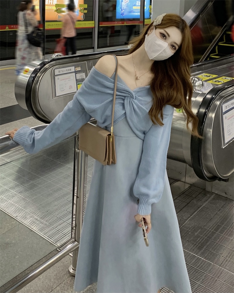 【着用レビュー】トップス ワンピース レディース 韓国 ニット セーター キャミソールワンピース キャミワンピ ロング丈 長袖 Vネック Aライン 切り替え 裾フレア ゆったり かわいい 大人可愛い