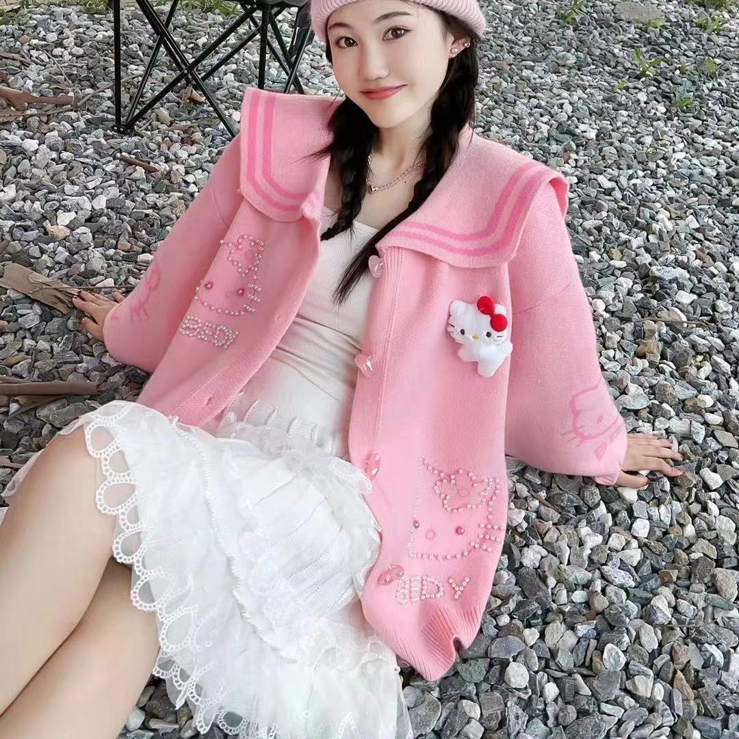 工ガ割-shanghaihengqカーディガン ニット レディース キティちゃん セーラー襟 可愛い セーター ゆったり ニットカーディガン 服 トップス カジュアル 工ガ割-shanghaihengqカーディガン ニット レディース キティちゃん セーラー襟 可愛い セーター ゆったり ニットカーディガン 服 トップス カジュアル