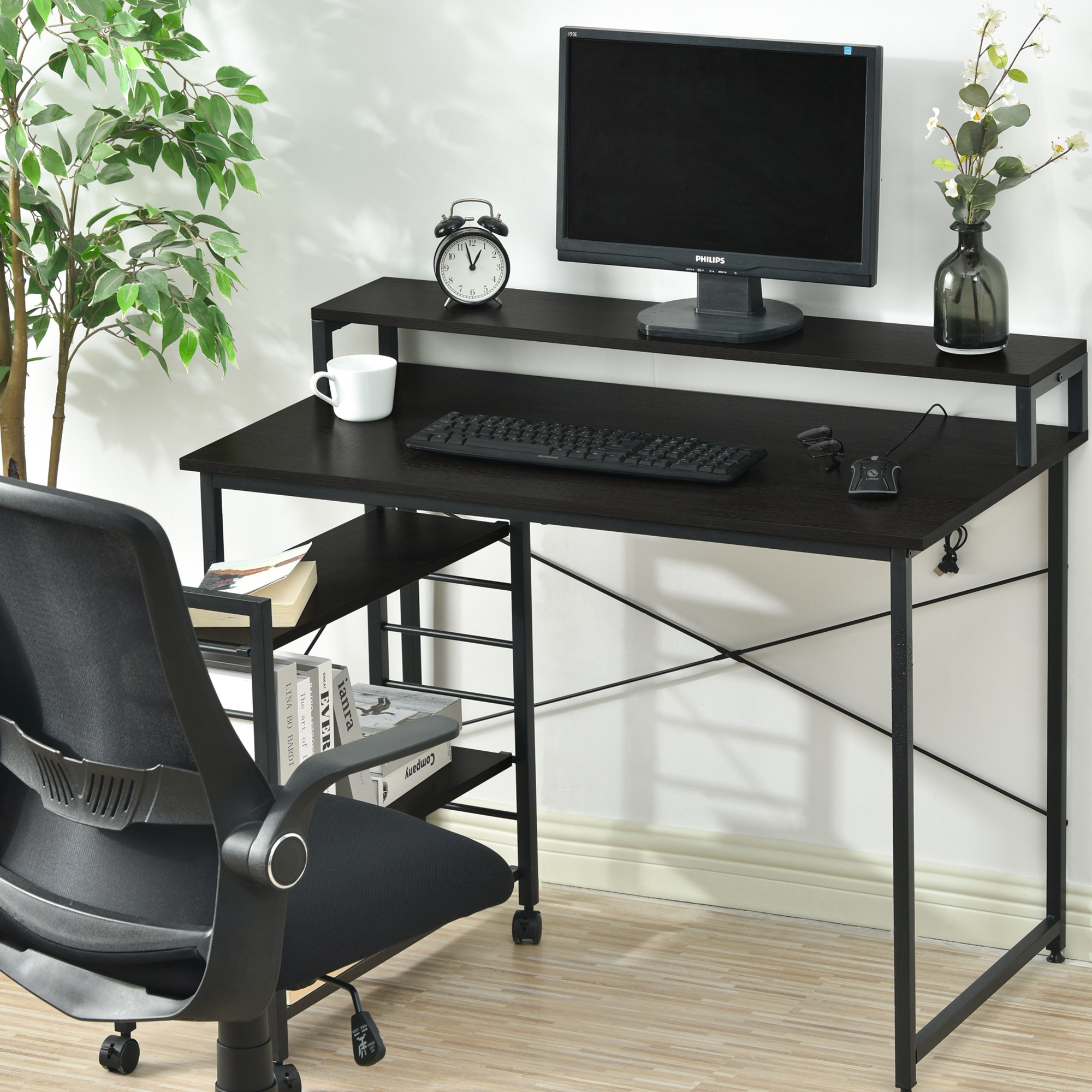【国内出荷】【新品登場】【ブラック】パソコンデスク キャスター付きで移動可能ラック付き デスク ワークデスク オフィスデスク 学習デスク