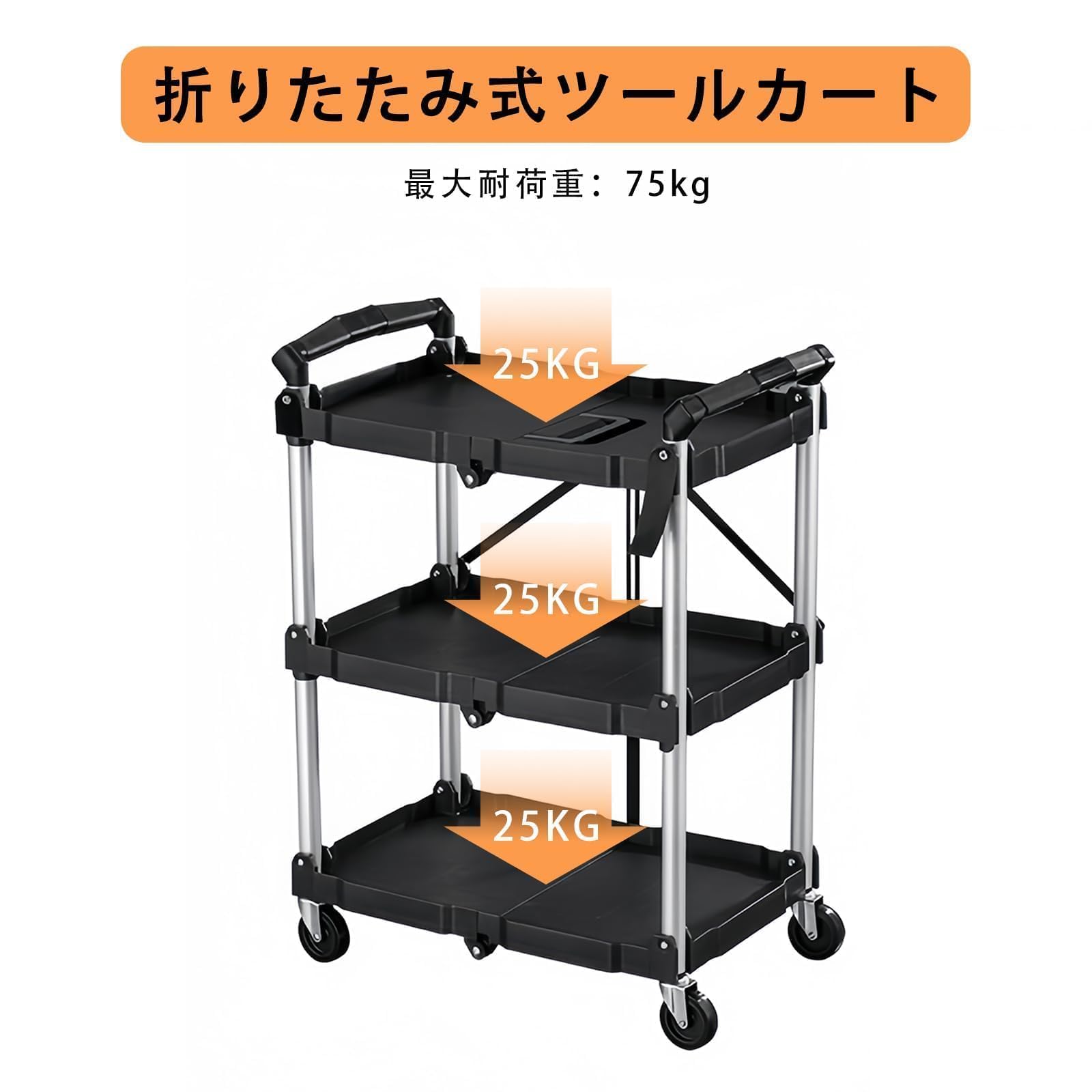 ワゴン キャスター付き 3段 折り畳み式 ツールカート ツールワゴン 収納トレー付き コンパクト 総耐荷重75kg