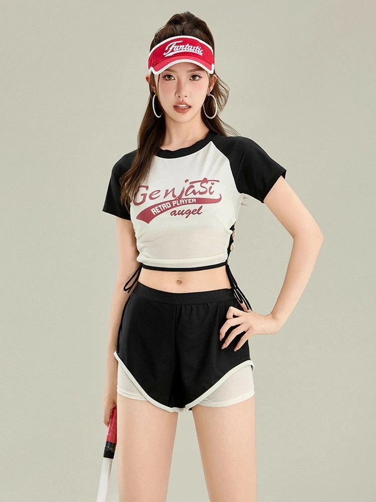 水着 中学生 高校生 可愛い 女の子 セパレート 2点セット 細見え 韓国 少女 大学生 レディース 露出控え 夏 春 おしゃれ 半袖 胸パッド付き フィットネス トップス ショートパンツ セクシー