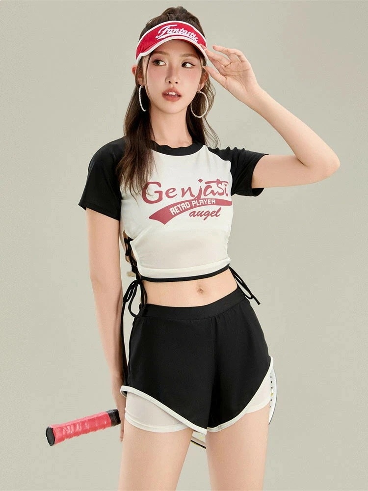 水着 中学生 高校生 可愛い 女の子 セパレート 2点セット 細見え 韓国 少女 大学生 レディース 露出控え 夏 春 おしゃれ 半袖 胸パッド付き フィットネス トップス ショートパンツ セクシー