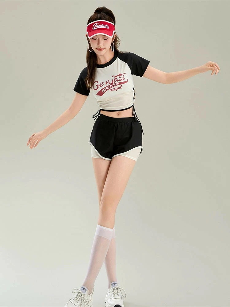 水着 中学生 高校生 可愛い 女の子 セパレート 2点セット 細見え 韓国 少女 大学生 レディース 露出控え 夏 春 おしゃれ 半袖 胸パッド付き フィットネス トップス ショートパンツ セクシー