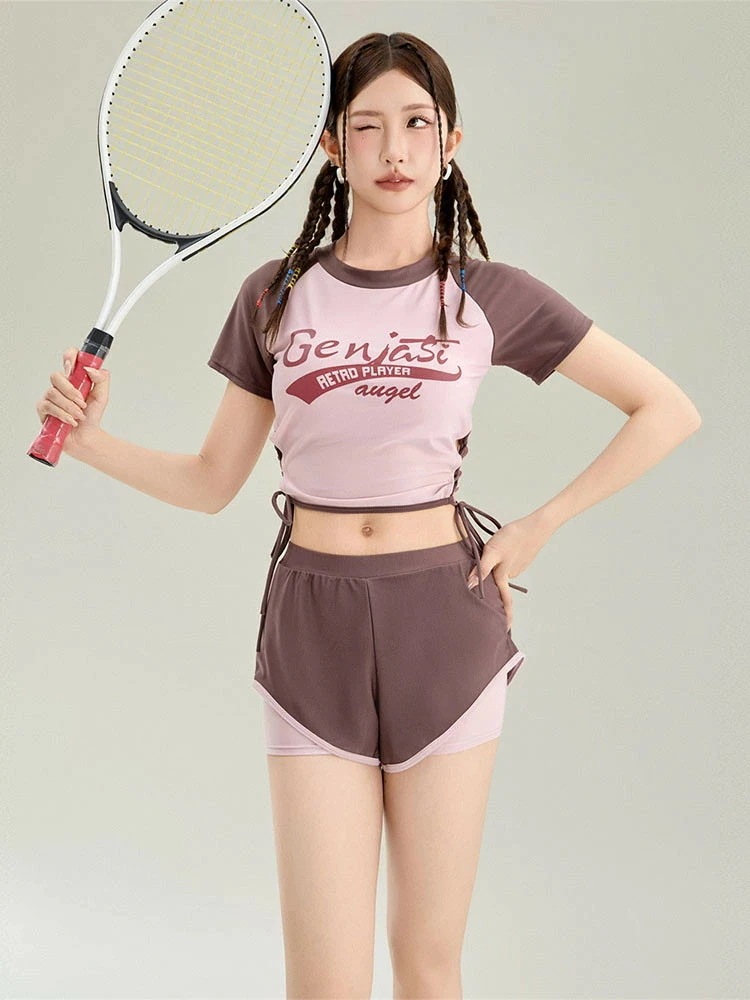 水着 中学生 高校生 可愛い 女の子 セパレート 2点セット 細見え 韓国 少女 大学生 レディース 露出控え 夏 春 おしゃれ 半袖 胸パッド付き フィットネス トップス ショートパンツ セクシー