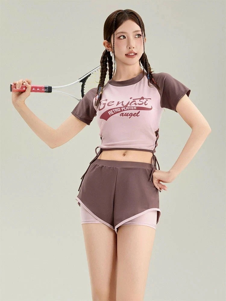 水着 中学生 高校生 可愛い 女の子 セパレート 2点セット 細見え 韓国 少女 大学生 レディース 露出控え 夏 春 おしゃれ 半袖 胸パッド付き フィットネス トップス ショートパンツ セクシー