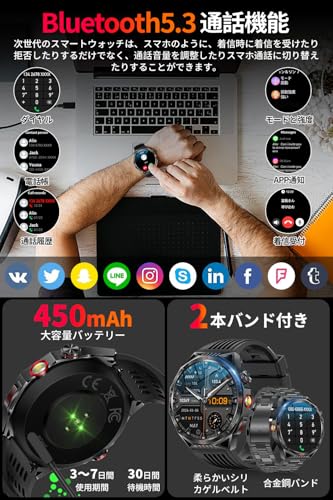 2025年新モデル スマートウォッチ Bluetooth通話 軍用規格 耐衝撃 1.85インチ超大画面 2本バンド付き APP通知 300+文字盤 100+運動モード 450mAh長持ちバッテリー 2025年新モデル スマートウォッチ Bluetooth通話 軍用規格 耐衝撃 1.85インチ超大画面 2本バンド付き APP通知 300+文字盤 100+運動モード 450mAh長持ちバッテリー