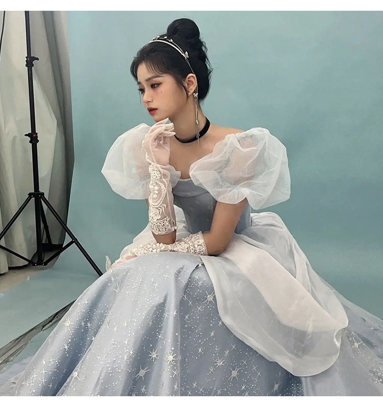 女性用イブニングドレスブルー妖精のようなプリンセス成人式気質宴会ドレス