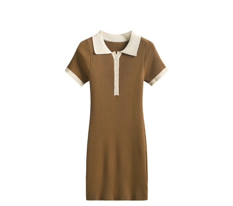 色 レトロ風 ワンピース 半袖 春夏 きれいめ シャツワンピース ニット ワンピ タイトスカート 膝丈 ひざ丈 五分袖 襟付き レギュラーカラー スリム タイト 細身 ストレート Iライン 伸縮性 ボ