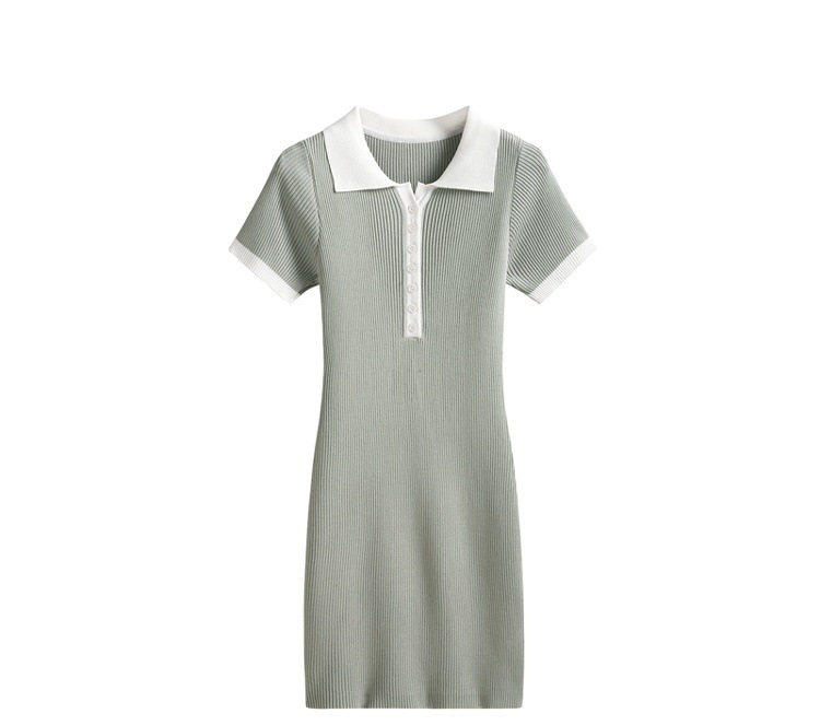 色 レトロ風 ワンピース 半袖 春夏 きれいめ シャツワンピース ニット ワンピ タイトスカート 膝丈 ひざ丈 五分袖 襟付き レギュラーカラー スリム タイト 細身 ストレート Iライン 伸縮性 ボ