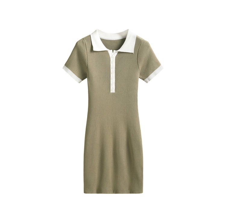 色 レトロ風 ワンピース 半袖 春夏 きれいめ シャツワンピース ニット ワンピ タイトスカート 膝丈 ひざ丈 五分袖 襟付き レギュラーカラー スリム タイト 細身 ストレート Iライン 伸縮性 ボ