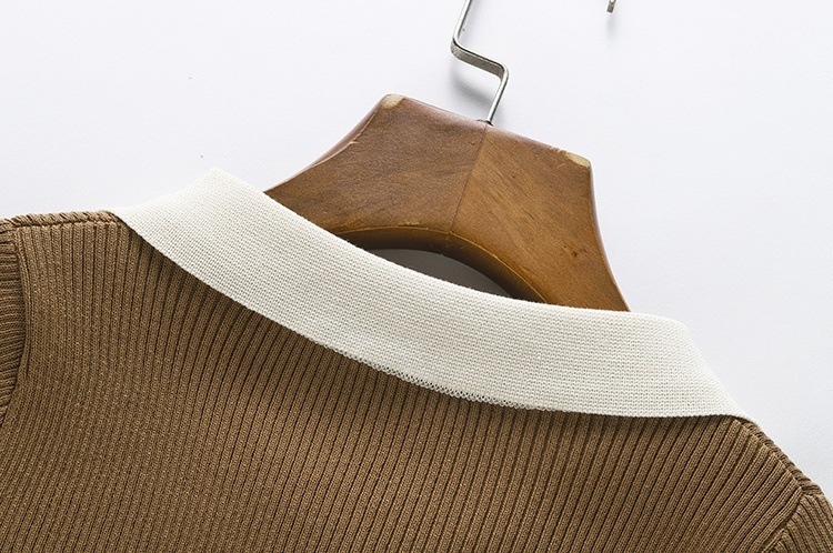 色 レトロ風 ワンピース 半袖 春夏 きれいめ シャツワンピース ニット ワンピ タイトスカート 膝丈 ひざ丈 五分袖 襟付き レギュラーカラー スリム タイト 細身 ストレート Iライン 伸縮性 ボ