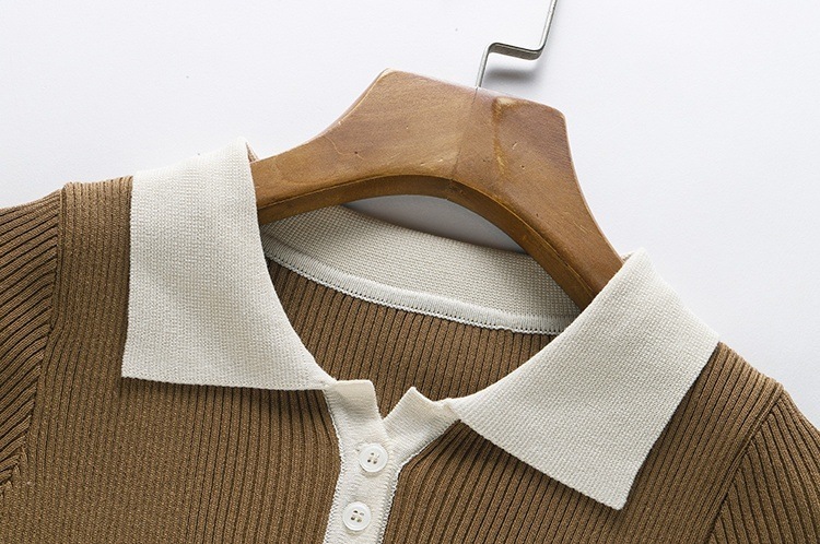 色 レトロ風 ワンピース 半袖 春夏 きれいめ シャツワンピース ニット ワンピ タイトスカート 膝丈 ひざ丈 五分袖 襟付き レギュラーカラー スリム タイト 細身 ストレート Iライン 伸縮性 ボ