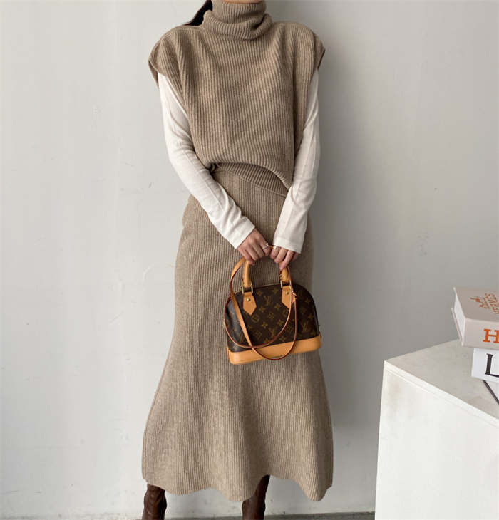 ２点で11o円OFF！【本日限定】ニットセットアップ レディース トップス ベスト フレンチスリーブ 2点セット プルオーバー スカートセット ウエストゴム セーター 二の腕カバー タートルネック ニ