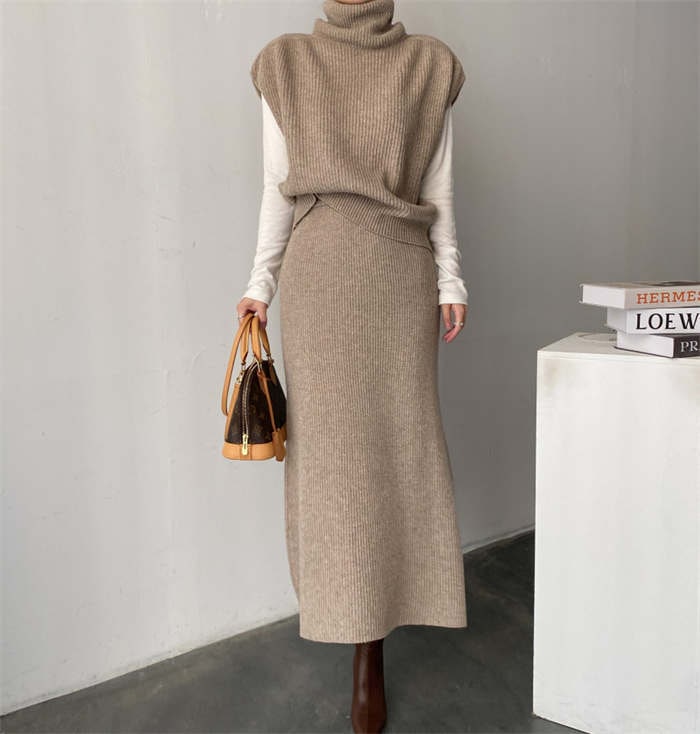 ２点で11o円OFF！【本日限定】ニットセットアップ レディース トップス ベスト フレンチスリーブ 2点セット プルオーバー スカートセット ウエストゴム セーター 二の腕カバー タートルネック ニ