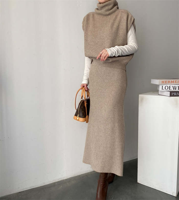 ２点で11o円OFF！【本日限定】ニットセットアップ レディース トップス ベスト フレンチスリーブ 2点セット プルオーバー スカートセット ウエストゴム セーター 二の腕カバー タートルネック ニ