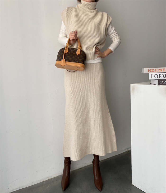 ２点で11o円OFF！【本日限定】ニットセットアップ レディース トップス ベスト フレンチスリーブ 2点セット プルオーバー スカートセット ウエストゴム セーター 二の腕カバー タートルネック ニ