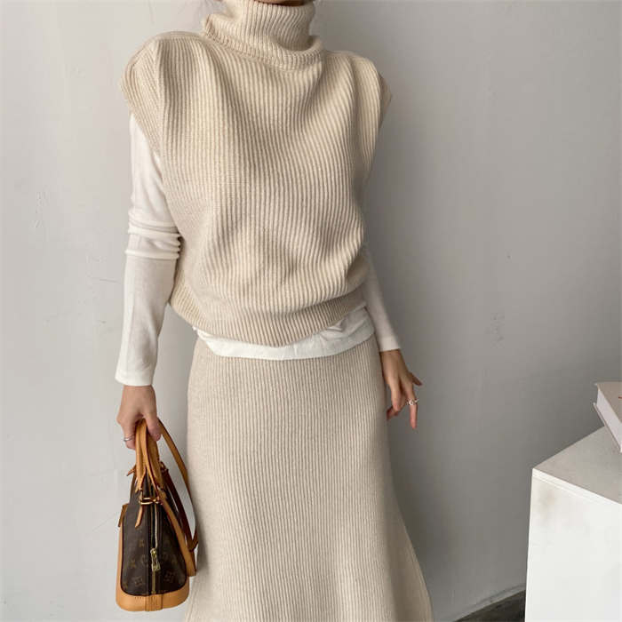 ２点で11o円OFF！【本日限定】ニットセットアップ レディース トップス ベスト フレンチスリーブ 2点セット プルオーバー スカートセット ウエストゴム セーター 二の腕カバー タートルネック ニ