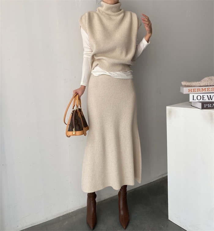 ２点で11o円OFF！【本日限定】ニットセットアップ レディース トップス ベスト フレンチスリーブ 2点セット プルオーバー スカートセット ウエストゴム セーター 二の腕カバー タートルネック ニ