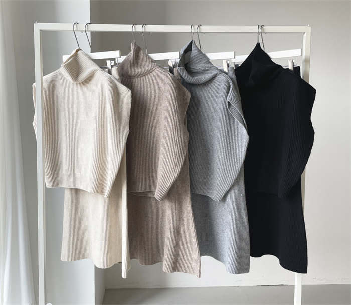 ２点で11o円OFF！【本日限定】ニットセットアップ レディース トップス ベスト フレンチスリーブ 2点セット プルオーバー スカートセット ウエストゴム セーター 二の腕カバー タートルネック ニ