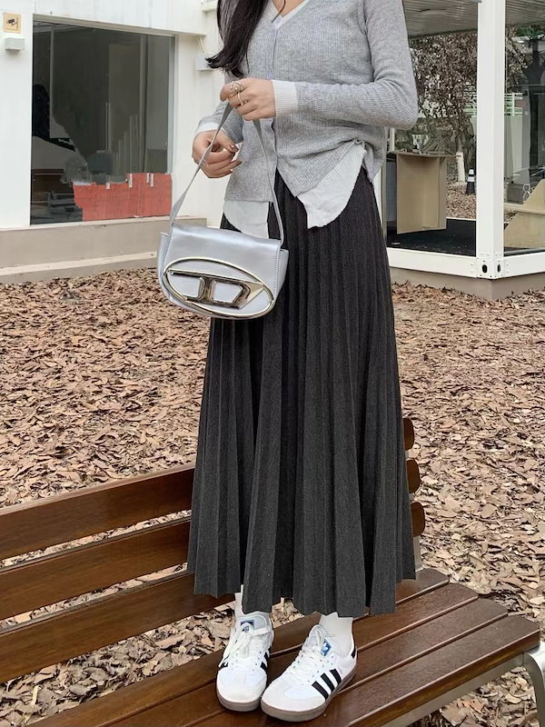 Qoo10] マキシスカート グレー ツイード プリー