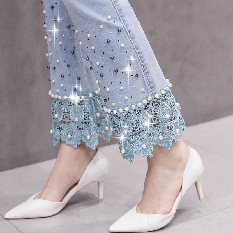 パンツ裾レースフリルステッチジーンズ女性の重工業パールホットラインストーンマイクロフレアパンツナイン 母の日-0009807 パンツ裾レースフリルステッチジーンズ女性の重工業パールホットラインストーンマイクロフレアパンツナイン 母の日-0009807