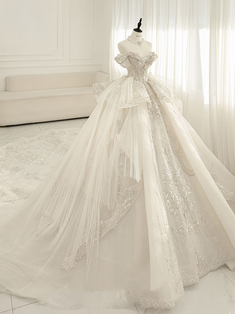 ワンショルダーウェディングドレス2024花嫁重工業ラージテールホワイト主糸 ワンショルダーウェディングドレス2024花嫁重工業ラージテールホワイト主糸