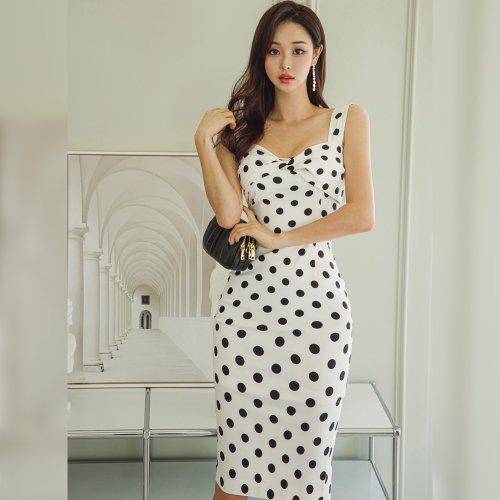 キャバドレス ナイトドレス ミディアムドレス ノースリーブ ワンピース スリット ドット柄 リボン レディース グラシア