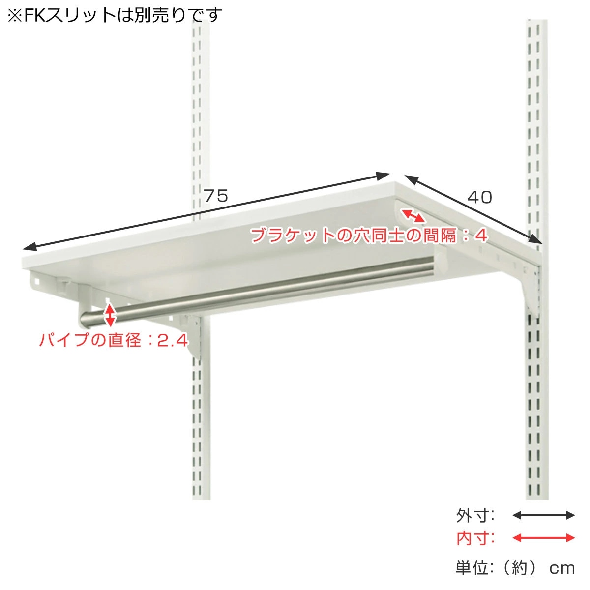 壁面収納 棚 パイプ付き ＴＰセット 幅75cm 奥行40cm フィットラック 棚板 ハンガーラック DIY 収納 吊り下げ収納 クローゼット ホワイト 可動棚 オープンラック 収納ラック