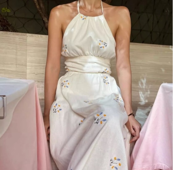 ワンピース レディース ロング 夏服 ロング マキシ丈 ノースリーブ 袖なし ホルターネック セミフレア 細身 Aライン 背中空き シフォン ウエスト オーガンジー インスタ映え SNS 映え 写真