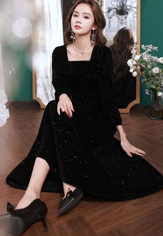 ドレス 大人 ピアノ 発表会 ロング丈 キラキラ ぽっちゃり 大きいサイズ イブニングドレス 演奏会 ピアノ発表会 袖付き ワンピース 二次会 女子会 誕生日会 大人可愛い SS-3L