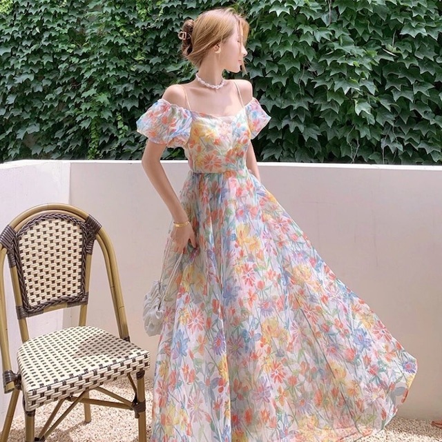 ワンピース レディース 花柄オフショルダーロングキャミワンピース バックレースアップ パステルフラワーシフォンドレス バルーンスリーブ プリンセス サマードレス 大人可愛い 韓国 人気 トレンド 新作