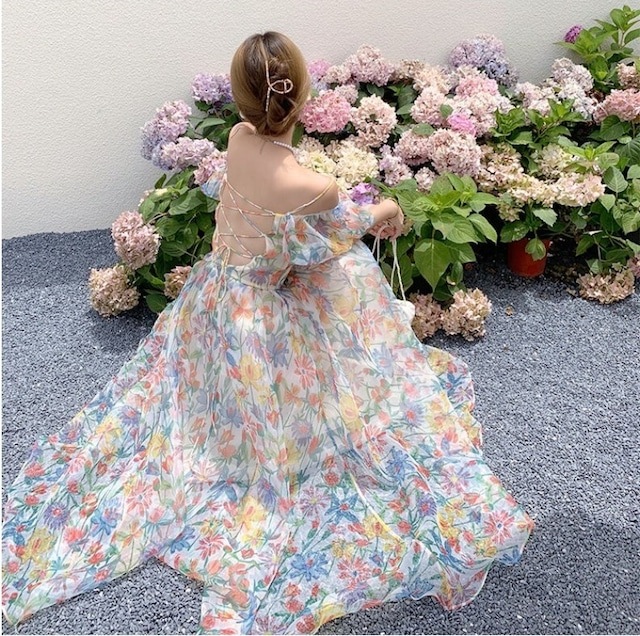 ワンピース レディース 花柄オフショルダーロングキャミワンピース バックレースアップ パステルフラワーシフォンドレス バルーンスリーブ プリンセス サマードレス 大人可愛い 韓国 人気 トレンド 新作