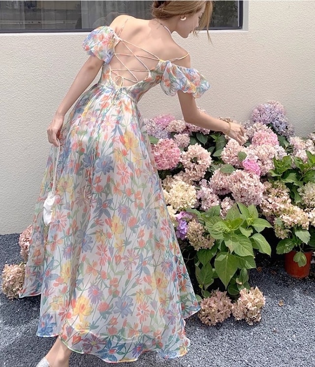 ワンピース レディース 花柄オフショルダーロングキャミワンピース バックレースアップ パステルフラワーシフォンドレス バルーンスリーブ プリンセス サマードレス 大人可愛い 韓国 人気 トレンド 新作
