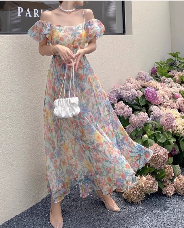 ワンピース レディース 花柄オフショルダーロングキャミワンピース バックレースアップ パステルフラワーシフォンドレス バルーンスリーブ プリンセス サマードレス 大人可愛い 韓国 人気 トレンド 新作