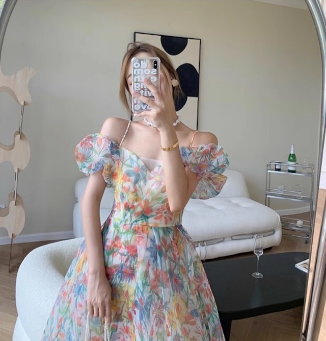 ワンピース レディース 花柄オフショルダーロングキャミワンピース バックレースアップ パステルフラワーシフォンドレス バルーンスリーブ プリンセス サマードレス 大人可愛い 韓国 人気 トレンド 新作