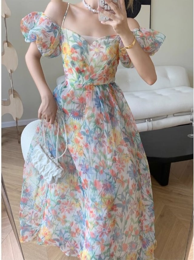 ワンピース レディース 花柄オフショルダーロングキャミワンピース バックレースアップ パステルフラワーシフォンドレス バルーンスリーブ プリンセス サマードレス 大人可愛い 韓国 人気 トレンド 新作