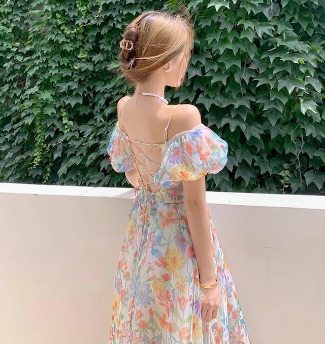 ワンピース レディース 花柄オフショルダーロングキャミワンピース バックレースアップ パステルフラワーシフォンドレス バルーンスリーブ プリンセス サマードレス 大人可愛い 韓国 人気 トレンド 新作