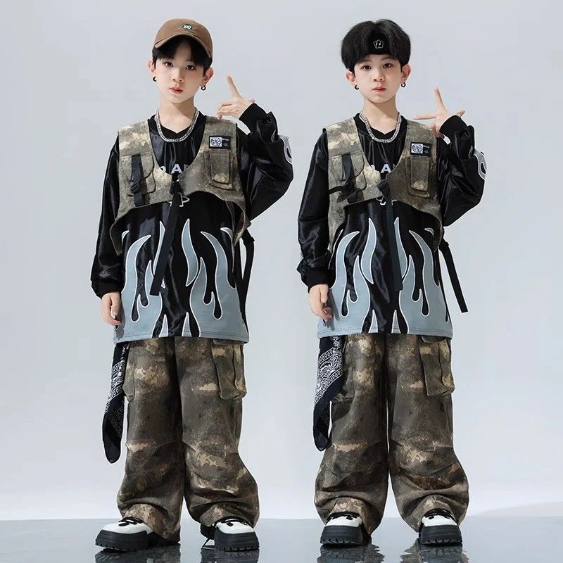 ヒップホップの子供の街のダンスのファッション服のスーツの子供のクールでかっこいいhiphop子供服の演出服の炎の迷彩の男の子のファッション服 ヒップホップの子供の街のダンスのファッション服のスーツの子供のクールでかっこいいhiphop子供服の演出服の炎の迷彩の男の子のファッション服