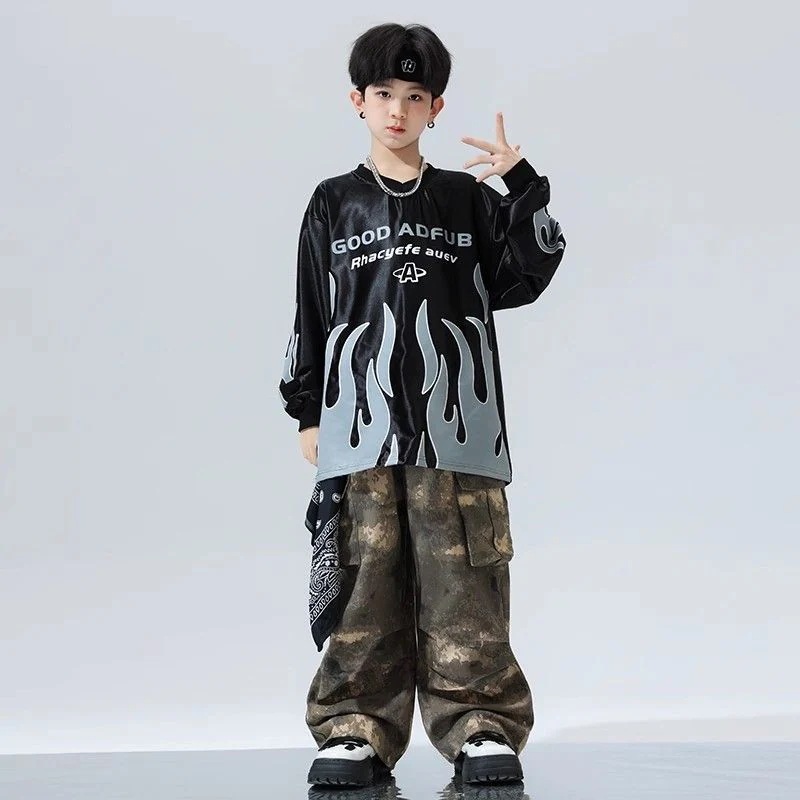 ヒップホップの子供の街のダンスのファッション服のスーツの子供のクールでかっこいいhiphop子供服の演出服の炎の迷彩の男の子のファッション服 ヒップホップの子供の街のダンスのファッション服のスーツの子供のクールでかっこいいhiphop子供服の演出服の炎の迷彩の男の子のファッション服